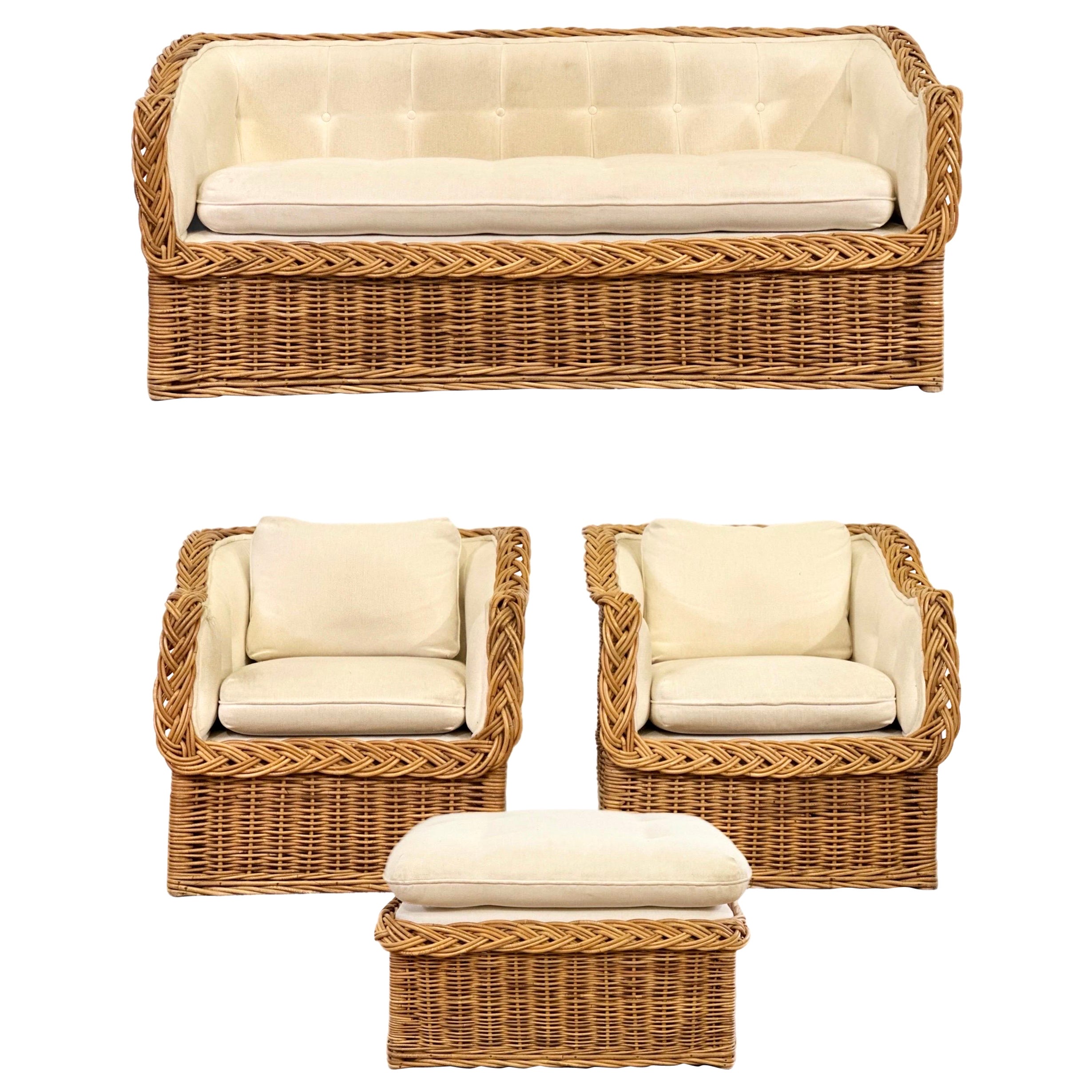 Italian Wicker Works Rattan Living Room Set - 4 Pieces  For Sale