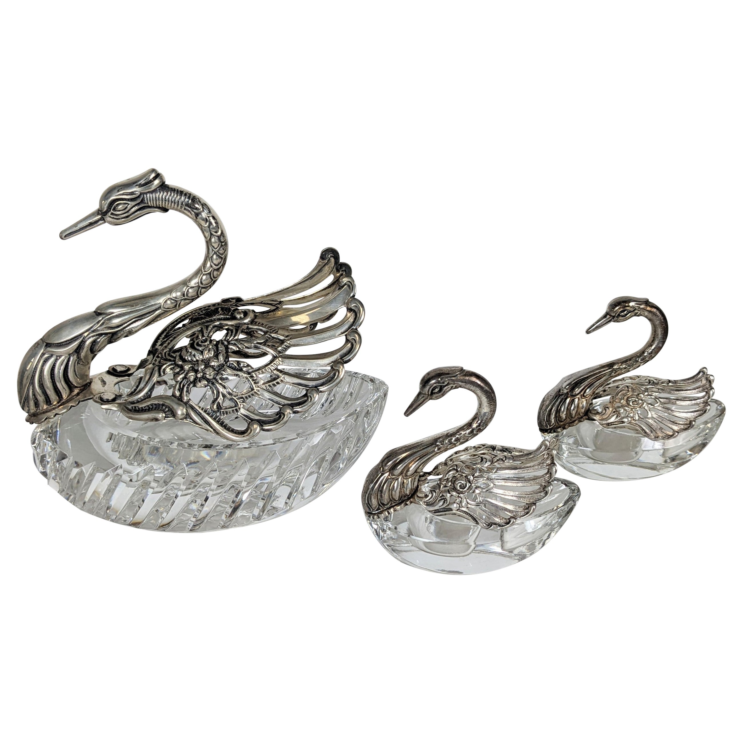 Silver and Glass Swan Form Salts For Sale