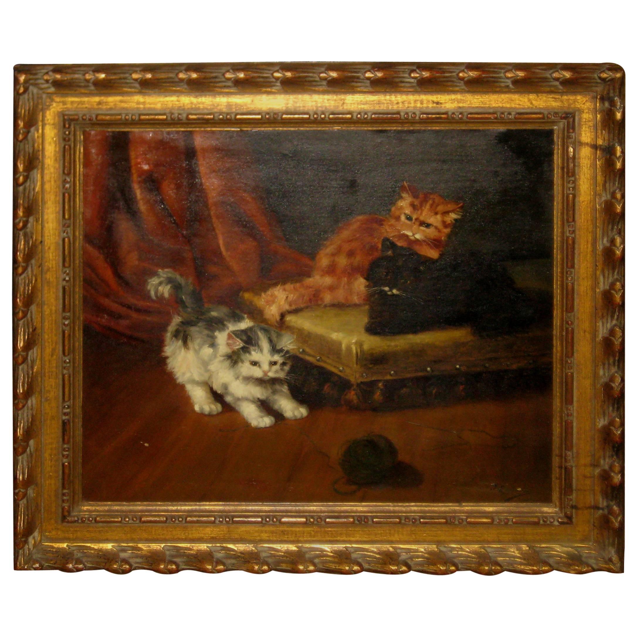 Playful Kittens Oil on Canvas Signed A. Lambrashon