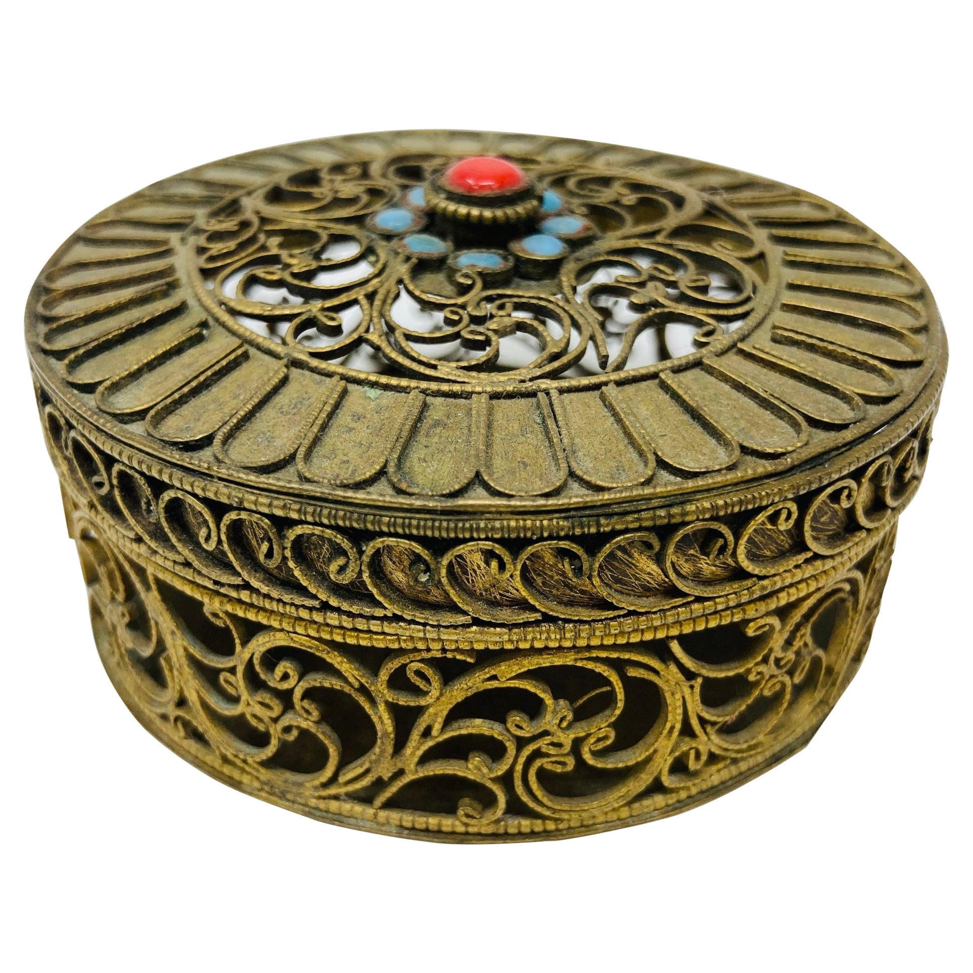 Collectible Gilt Metal Tibetan Box with Turquoise 1950s