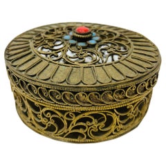 Collectible Gilt Metal Tibetan Box with Turquoise 1950s