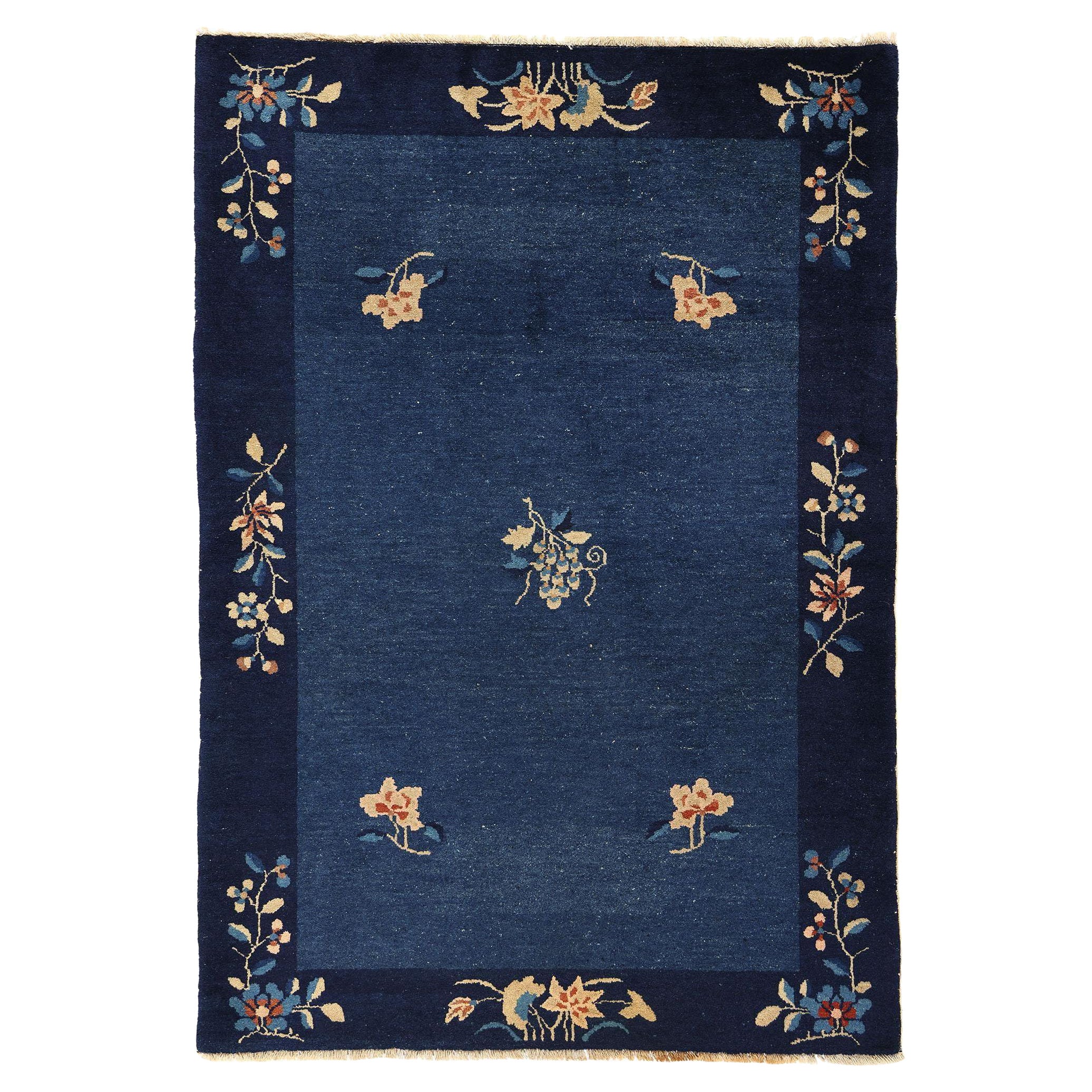 Antique Blue Chinese Peking Rug, Chinoiserie Chic Meets Regal Decadence For Sale