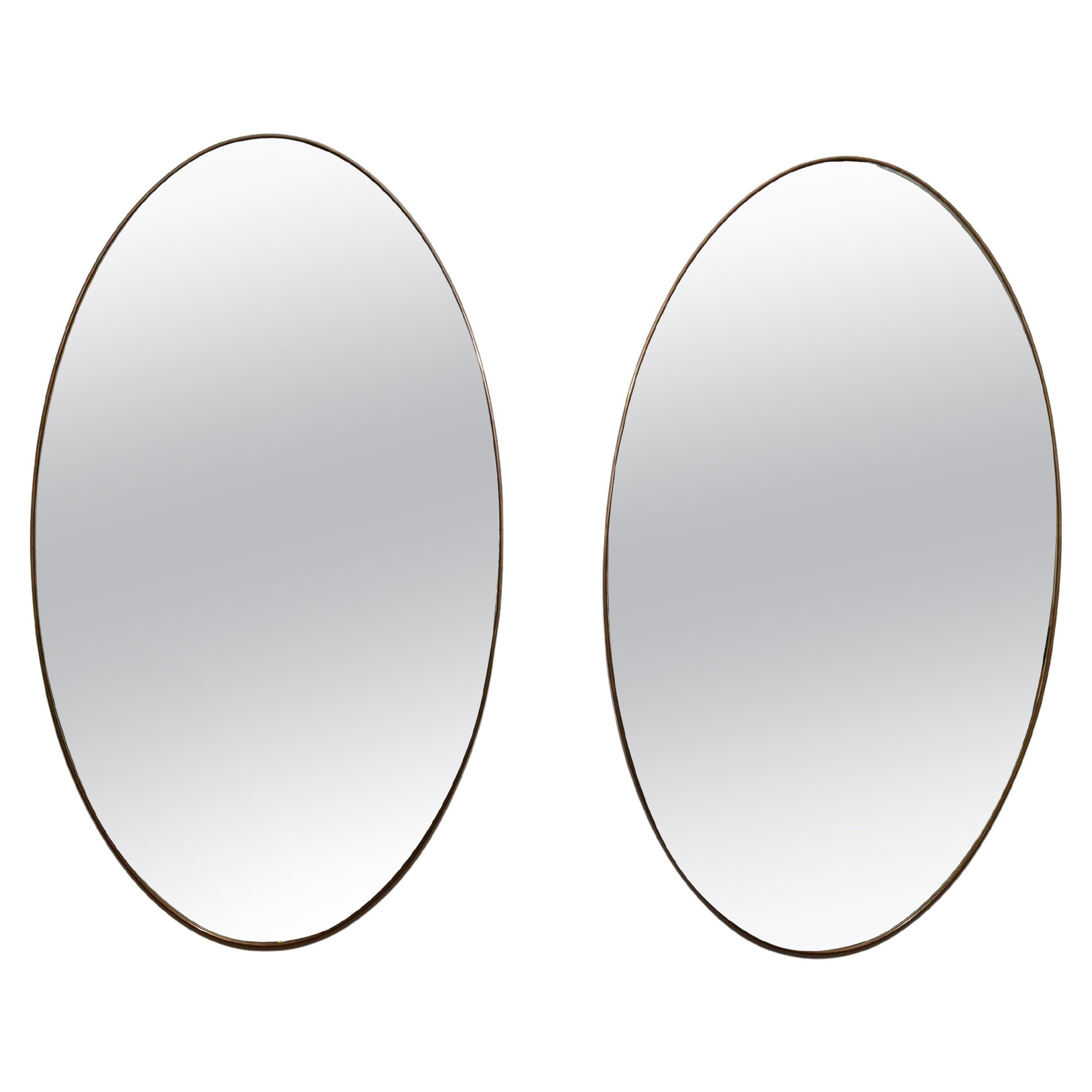 Pair of Italian Modernist Brass Oval Grand Scale Wall Mirrors, Italy, circa 1950