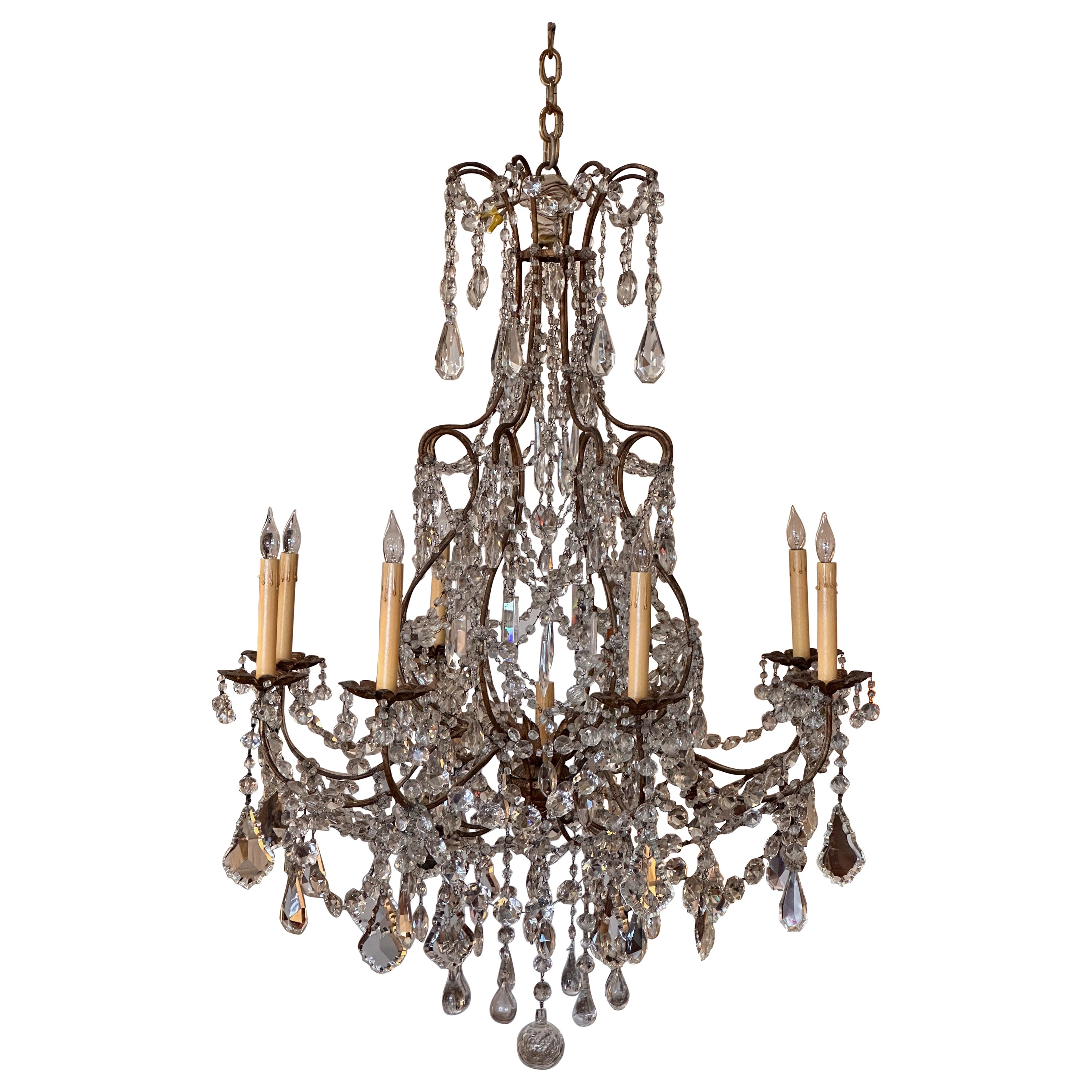1950s Gilded Iron and Crystal Italian Chandelier For Sale