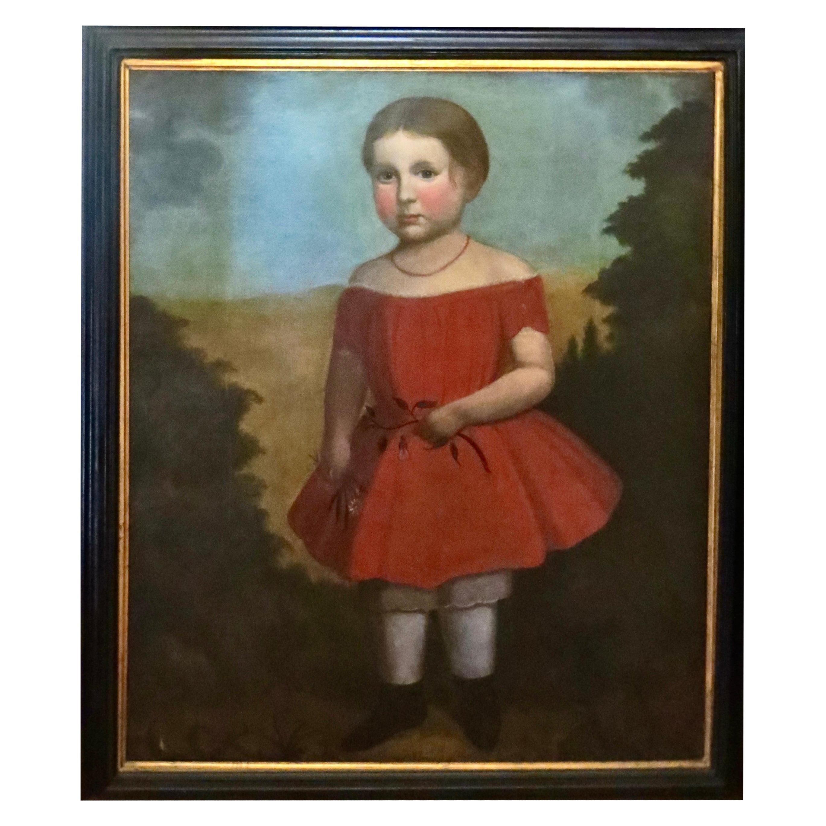 Volkskunst-Porträtgemälde „ Junges Mädchen in einem roten Kleid“, amerikanisch, um 1825 im Angebot
