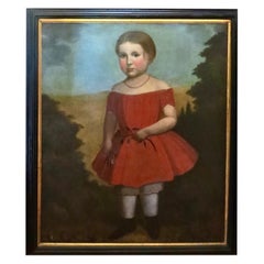 Used Folk Art Portrait Painting "Young Girl In a Red Dress", American, Circa 1825