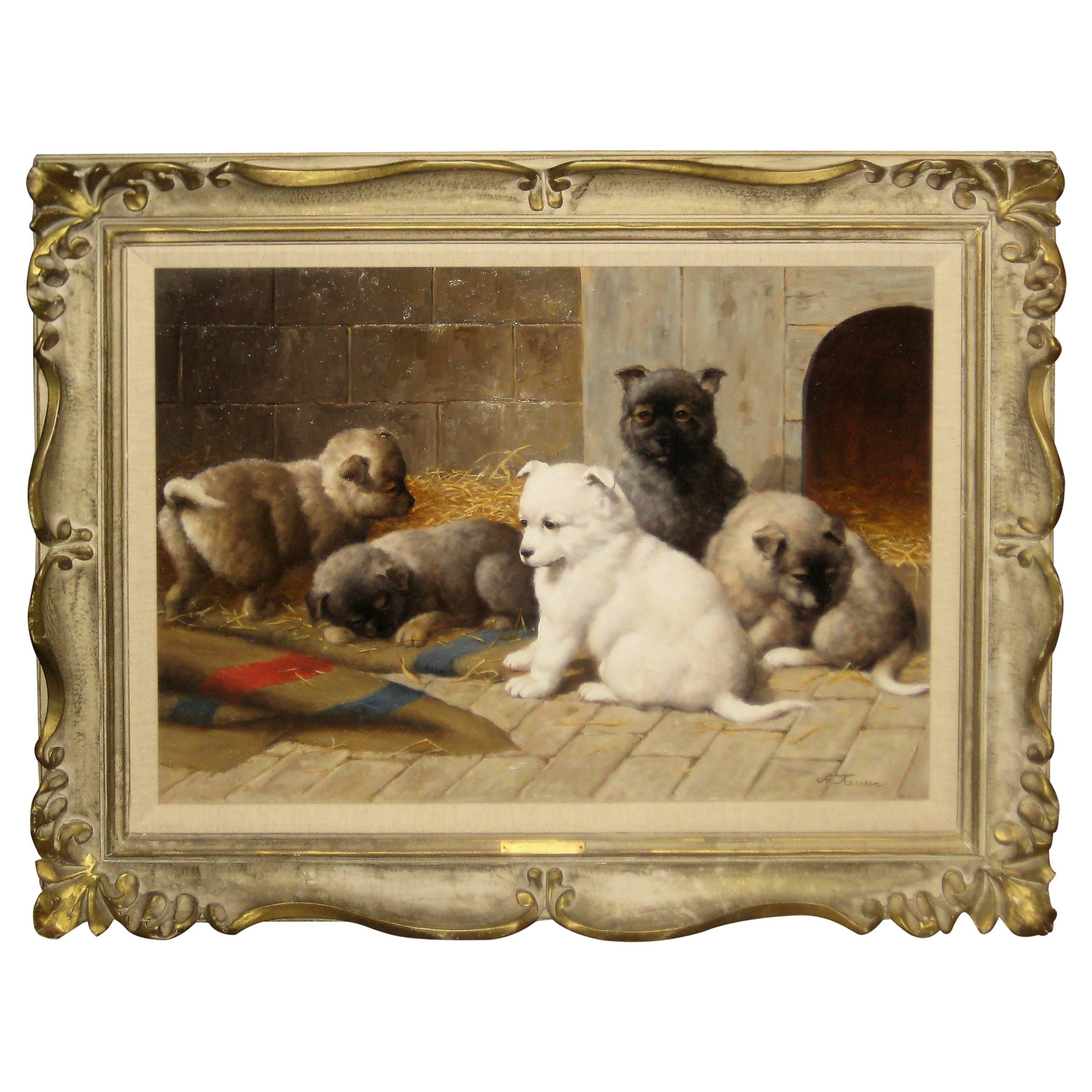 Oil on Canvas of Five Puppies by Anton Nicolaas Marie Karssen For Sale