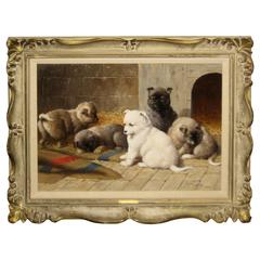 Oil on Canvas of Five Puppies by Anton Nicolaas Marie Karssen