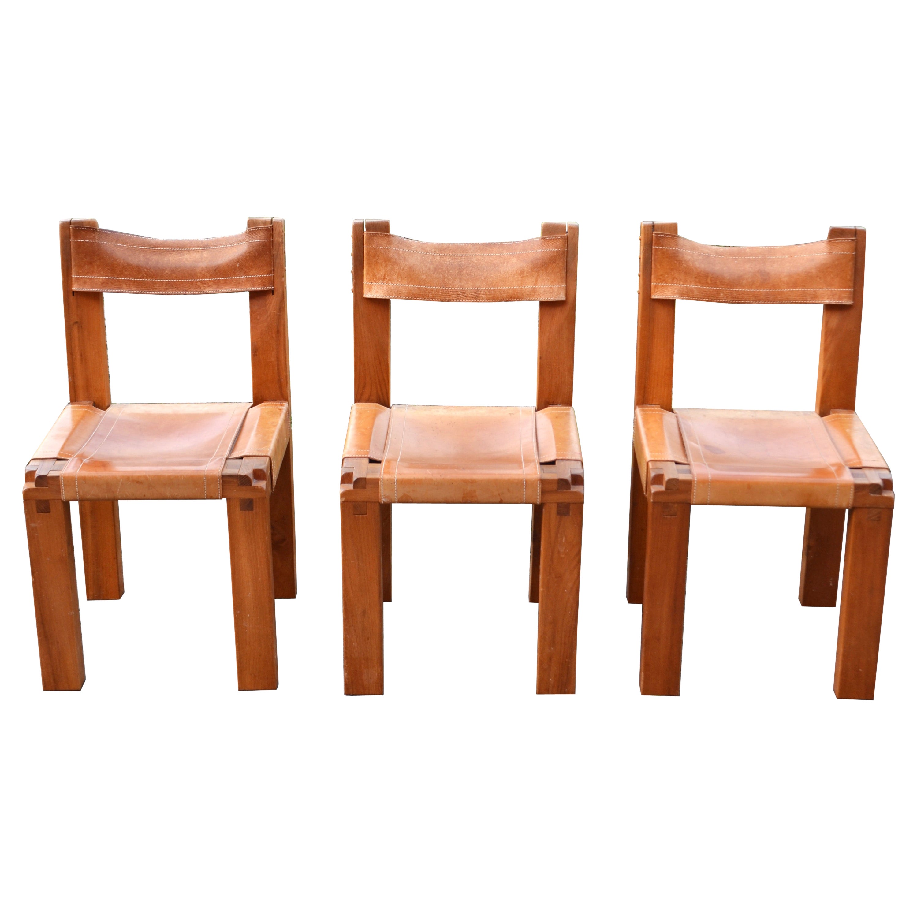 Rare ensemble de 3 chaises de salle à manger S11 en selle cognac Pierre Chapo en vente