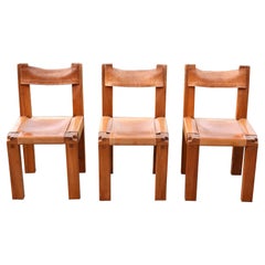 Rare ensemble de 3 chaises de salle à manger S11 en selle cognac Pierre Chapo