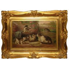 19th Century Oil on Canvas of Mother Cat with Kittens by August Laux