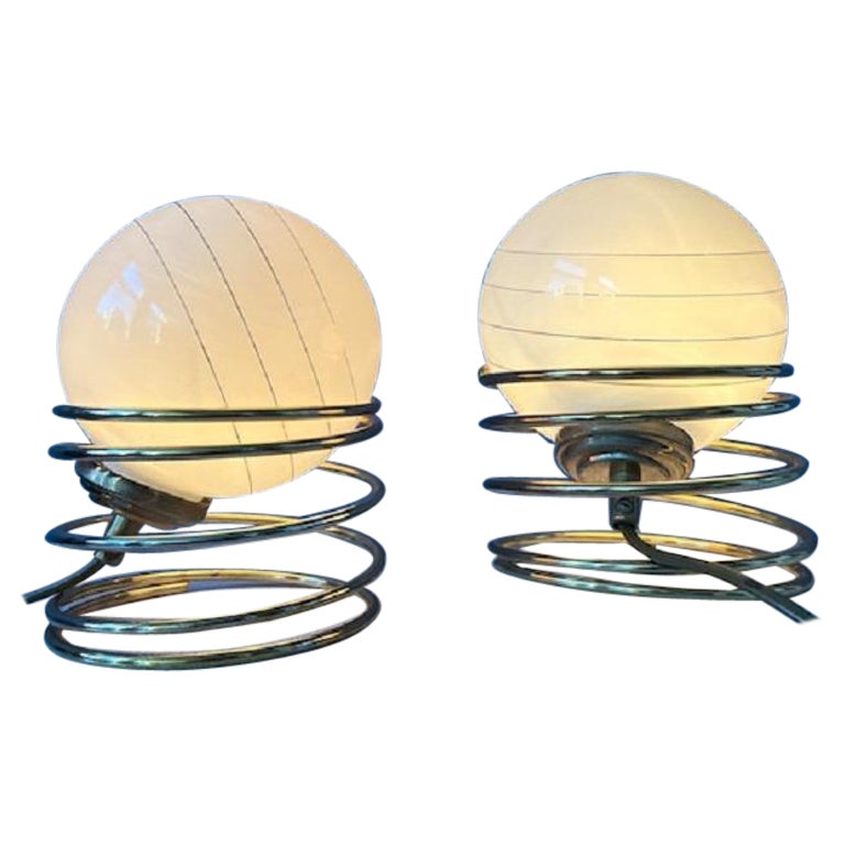 Set of 2 Mid Century Hollywood Regency with Opaline Glass Eyeball Table Lamps  For Sale