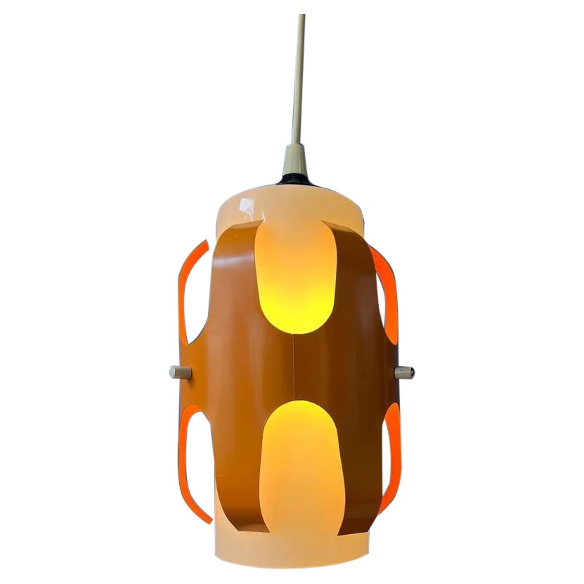 White Opaline Glass Pendant Lamp with Orange Iron Frame, 1970s For Sale