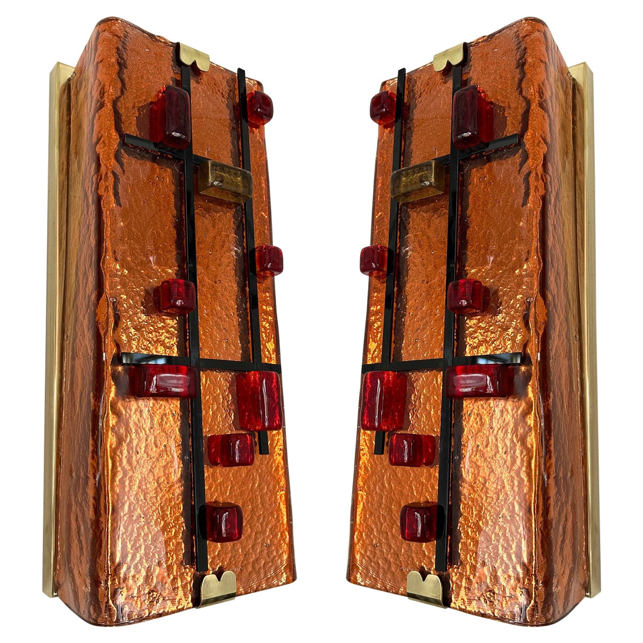 Contemporary Pair of Brass and Coral Murano Glass Sconces, Italy For Sale
