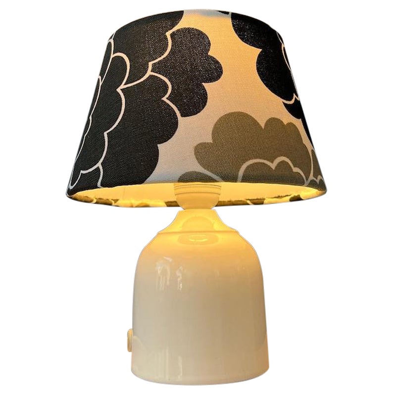 Small Space Age Table Lamp with Porcelain Base and Black & White Flower Shade For Sale