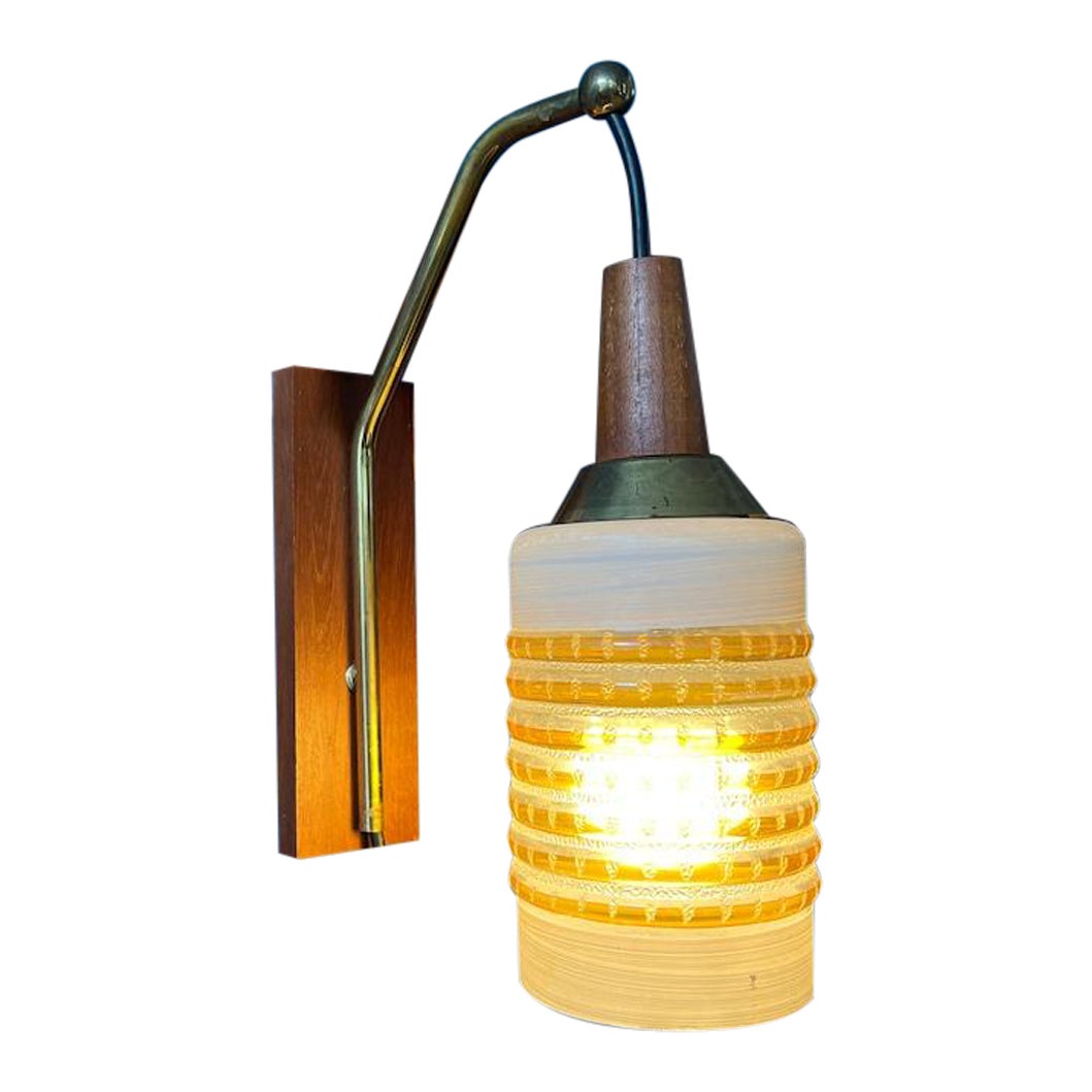 Mid Century Wall Lamp with Wooden Wall Plate and Glass Shade, 1970s For Sale