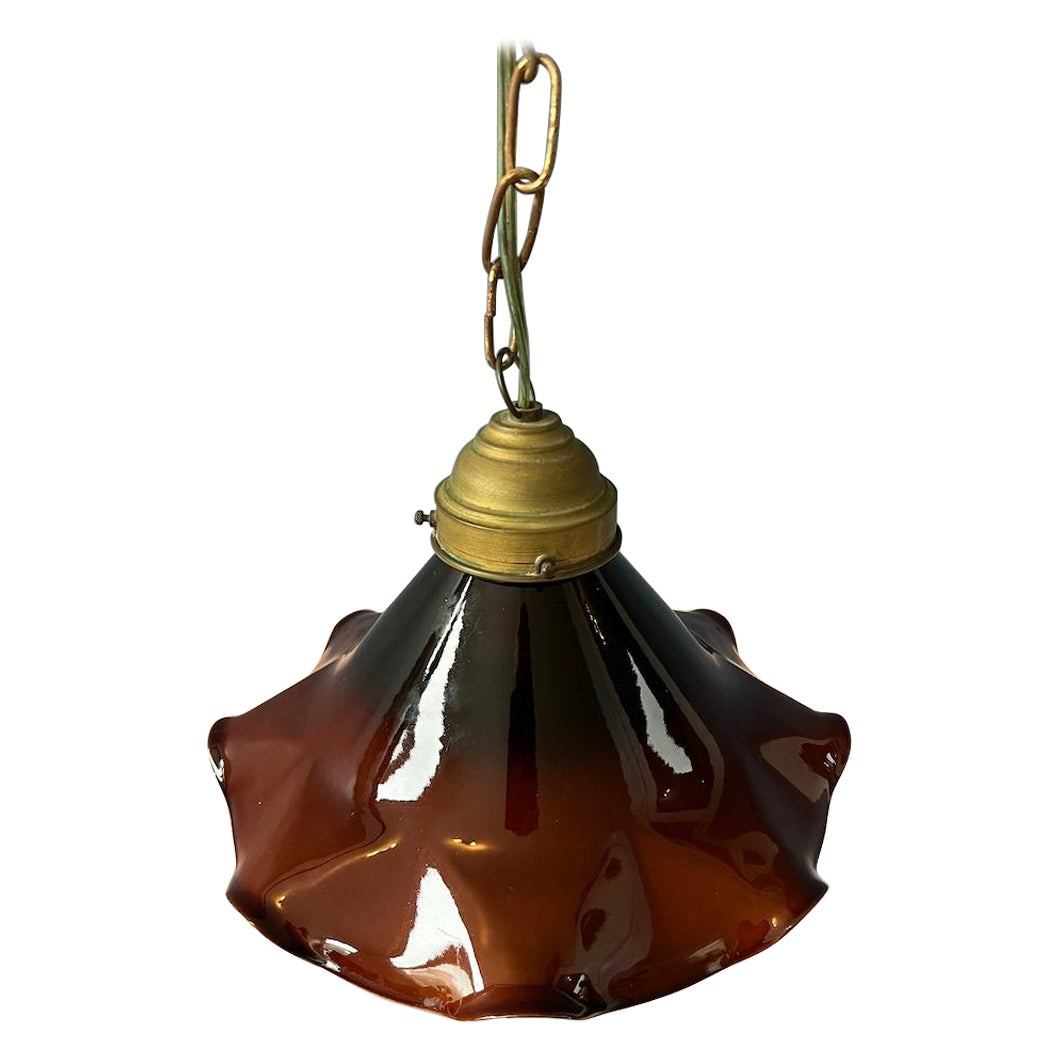 Small Art Deco Style Flower Shaped Pendant Lamp in Red/Brown Colour, 1970s For Sale