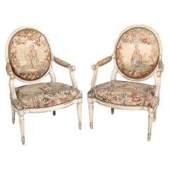 Pair of Louis XVI Period White and Gold Painted Fauteuils with Aubusson Tapestry