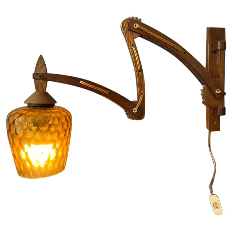 Mid Century Teak Wall Lamp Glass Wall Light Adjustable Sconce, 1970s For Sale