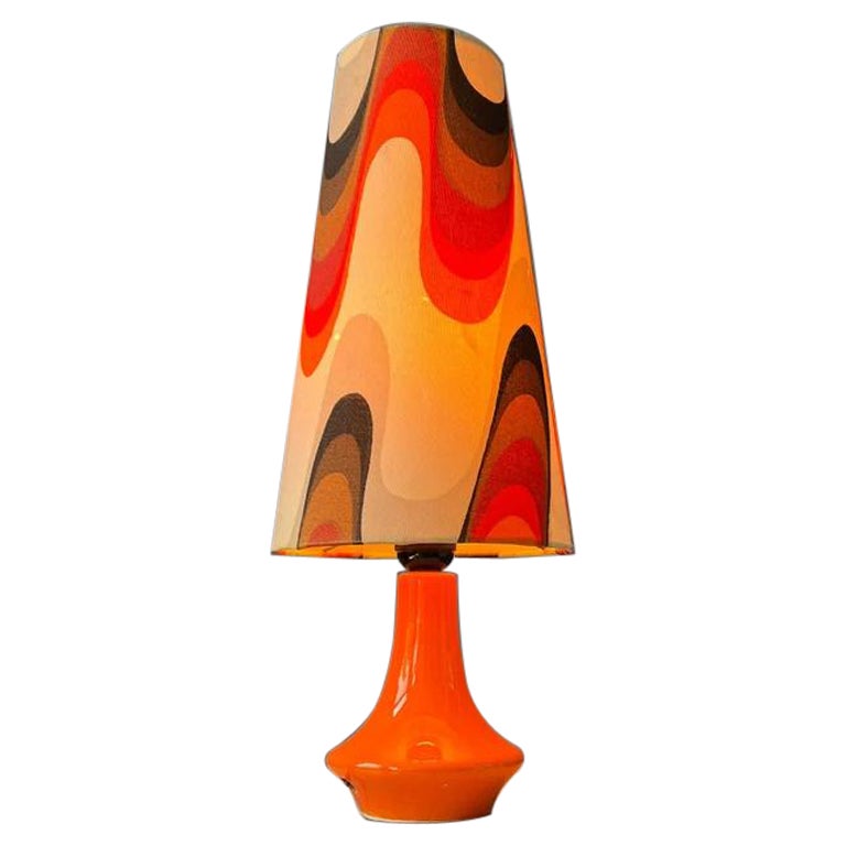 Orange Space Age Table Lamp Flower Pattern Ceramic Red Base Mid Century Lamp For Sale