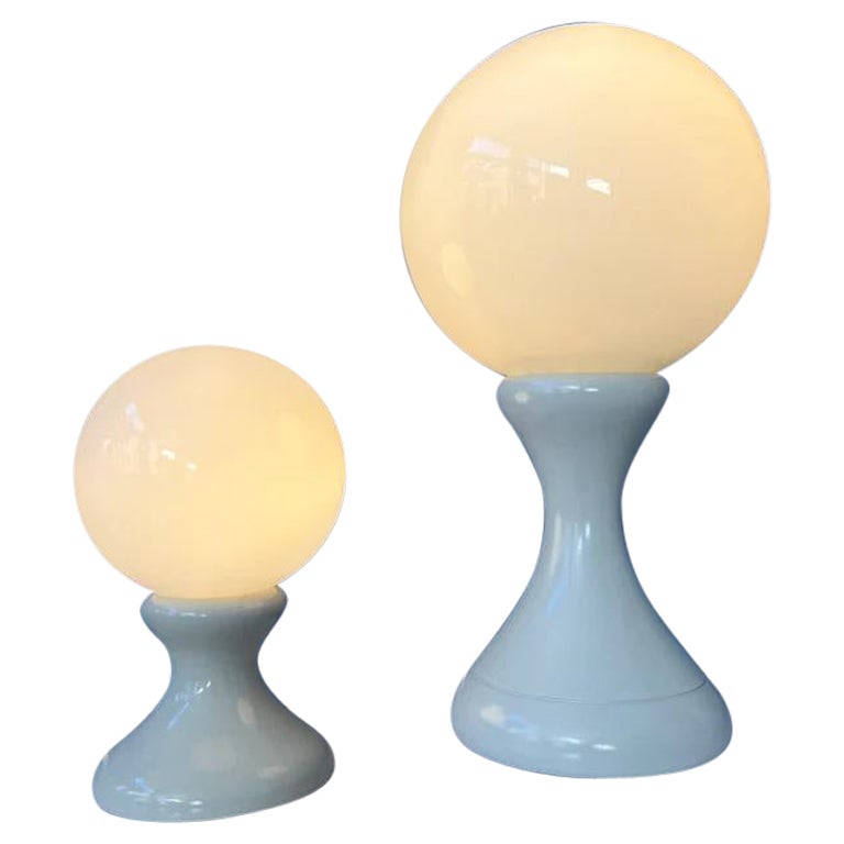Rare Set of 2 White Space Age Milk Glass Table Lamps, 1970s