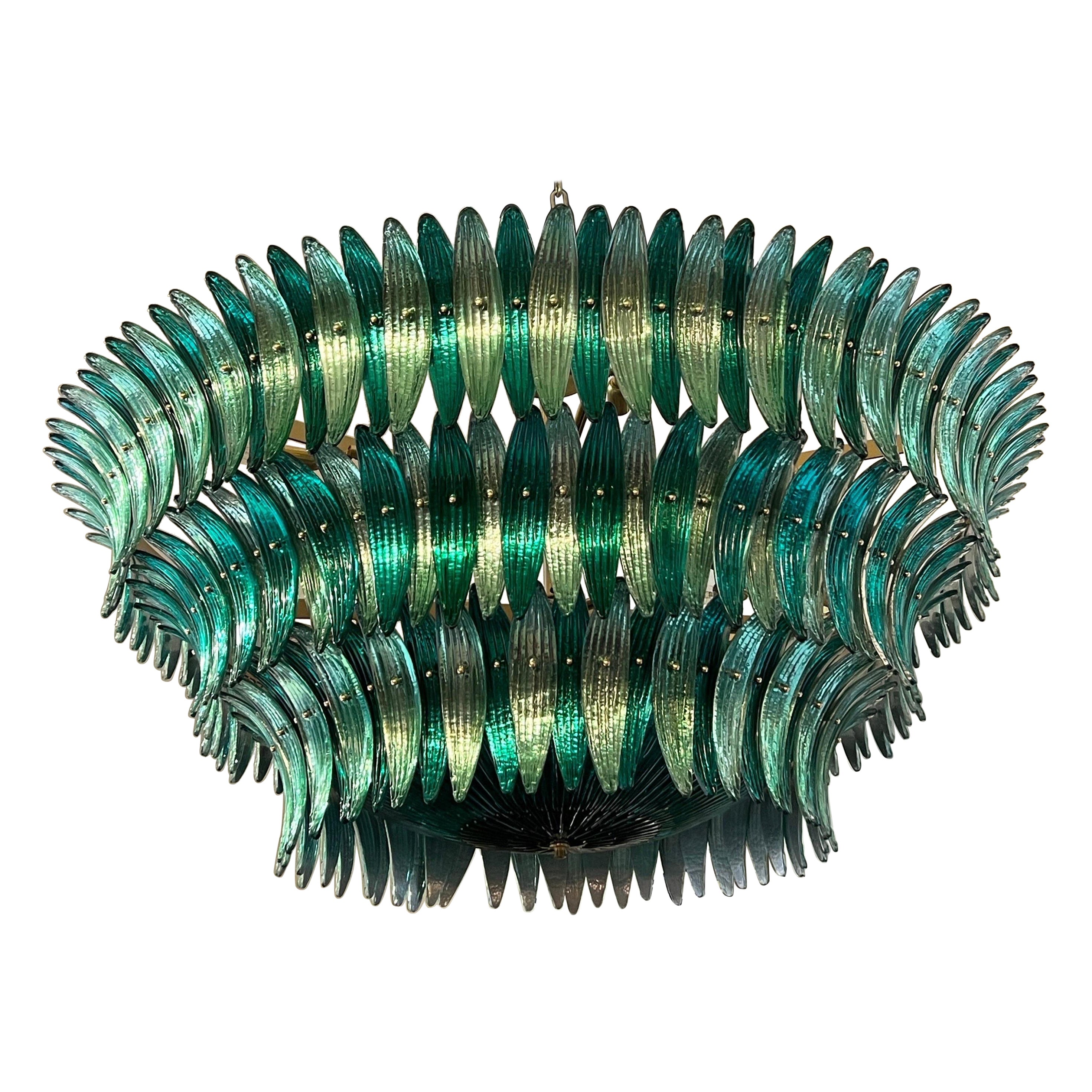 Two Tones Mirrored Green Murano Glass Leaves Chandelier 1980 For Sale