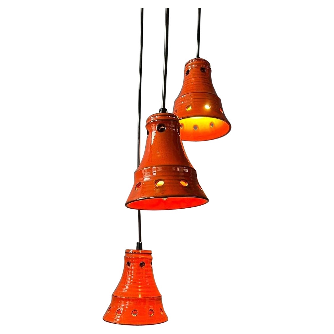 Orangefarbener westdeutscher Keramikkaskaden-Kronleuchter mit drei Lichtern, 1970er Jahre