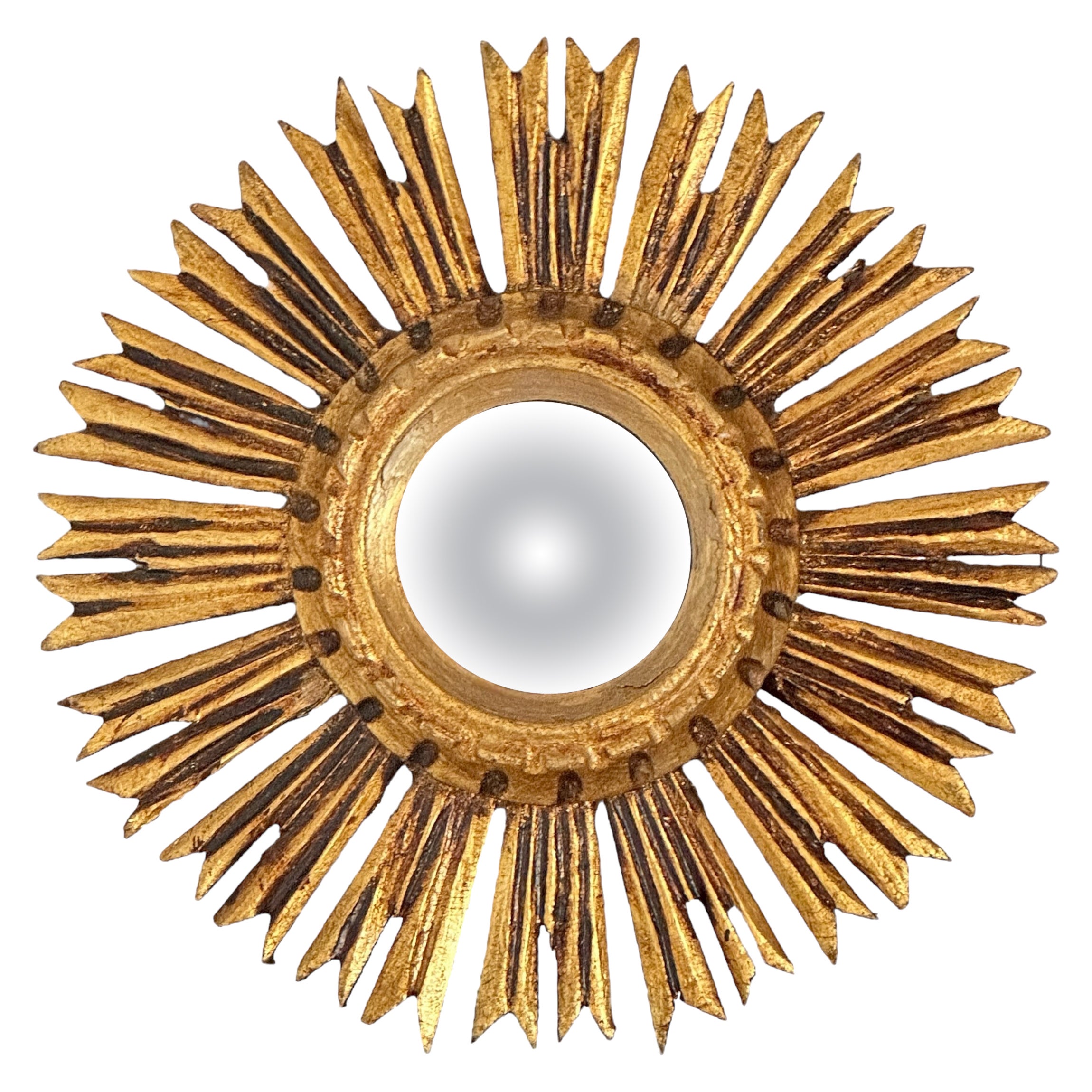 Petite Starburst Sunburst Gilded Wood Convex Mirror, Germany circa 1950s