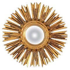 Antique Petite Starburst Sunburst Gilded Wood Convex Mirror, Germany circa 1950s