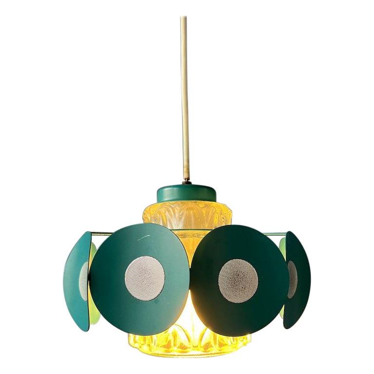 Space Age Pendant Lamp with Glass Shade and Green/Blue Metal Frame, 1970s For Sale