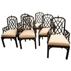Set of Six or 10 Chinese Chippendale Dining Arm Chairs Pagoda Hollwood Regency