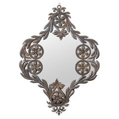 Antique Spanish 19th Century Metal Wall Mirror with Rosettes, Foliage and Dark Patina 