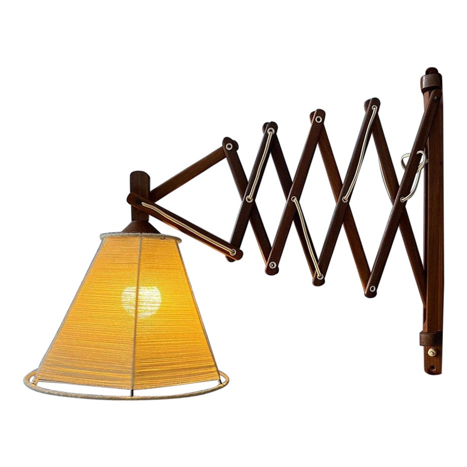 Vintage Wooden Scissor Wall Lamp with Rope Shade, 1970s