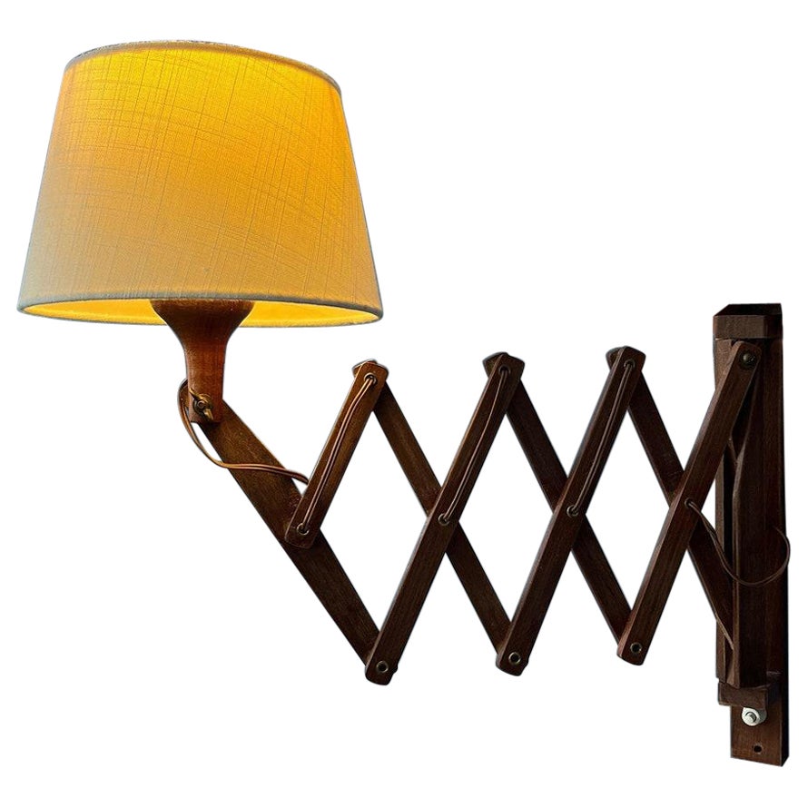 Mid Century Wooden Scissor Wall Lamp with Beige Shade, 1970s For Sale