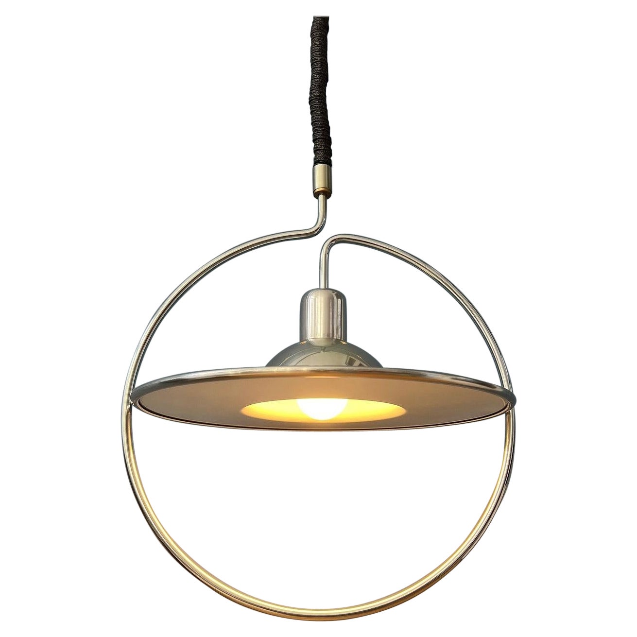 Mid Century UFO Pendant Lamp with Decorative Chrome Frame, 1970s For Sale