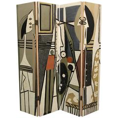 Pablo Picasso Style "Painter and Model" Folding Four-Panel Room Divider Screen