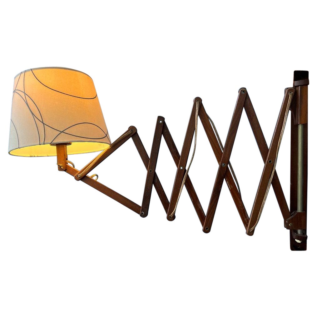 Danish Style Teak Wood Scissor Wall Lamp with Beige Shade and Black Pattern For Sale