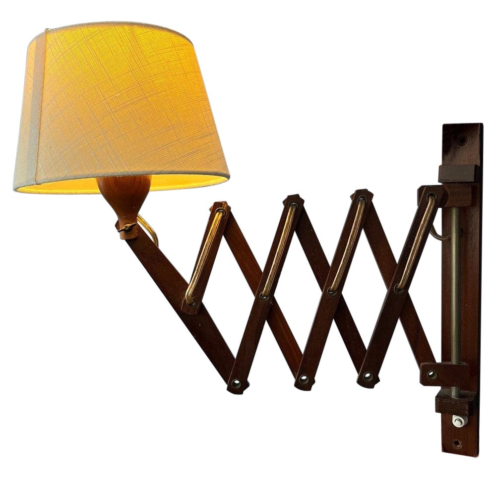 Teak Wood Scissor Wall Lamp with Beige Shade, 1970s For Sale