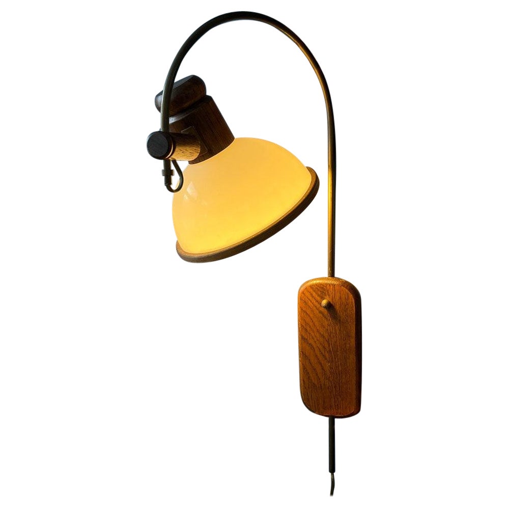 Flexible Steinhauer Mushroom Arc Wall Lamp w/ Wooden Frame and Plexiglass Shade For Sale