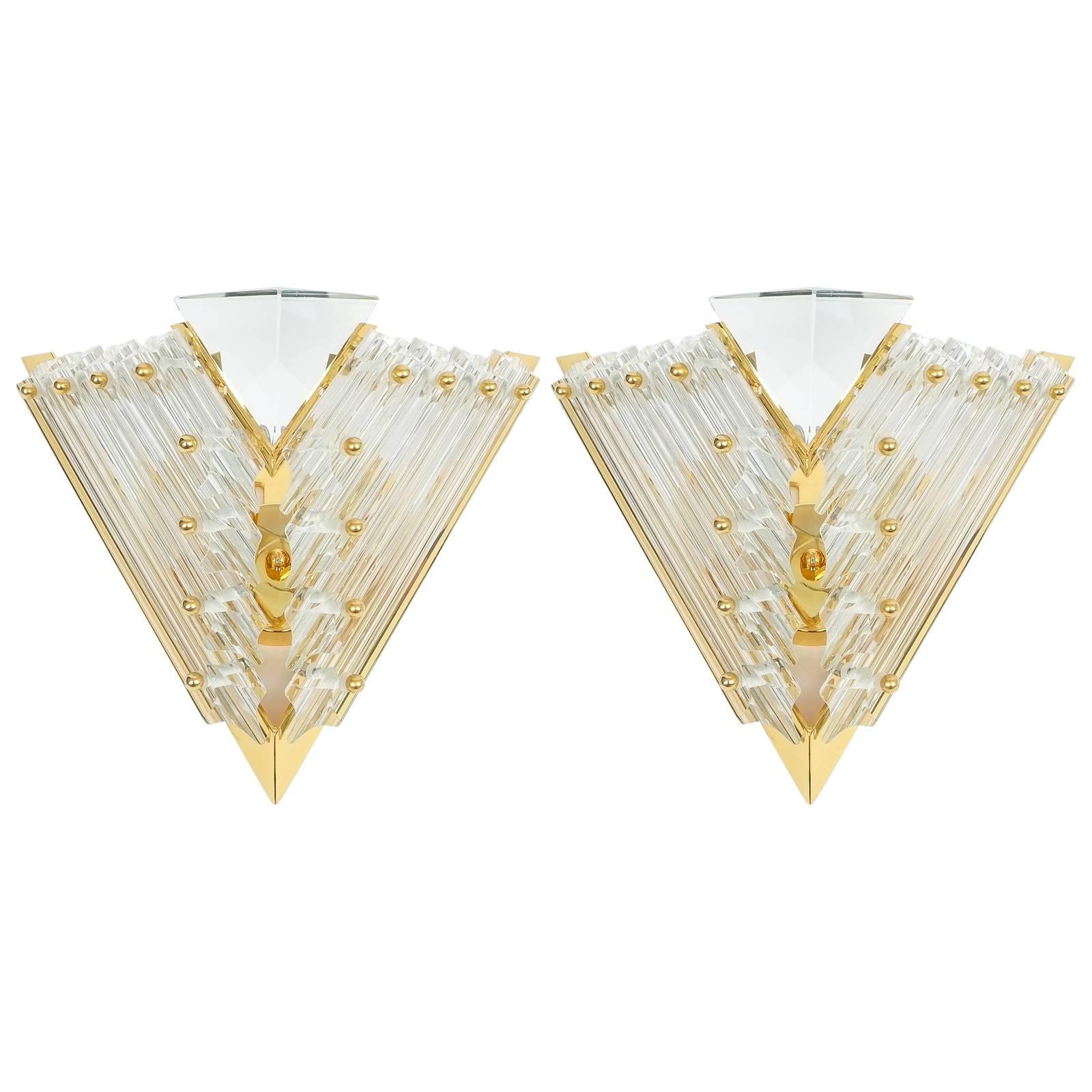 Pair of Triangular Crystal and Brass Murano Sconces, circa 1970
