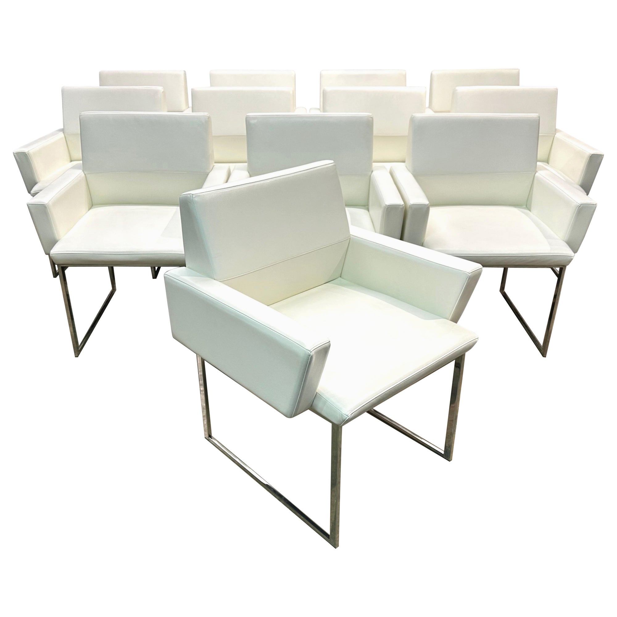 Brueton White Naugahyde and Chrome Frame Dining Arm Chairs - Ten Available For Sale