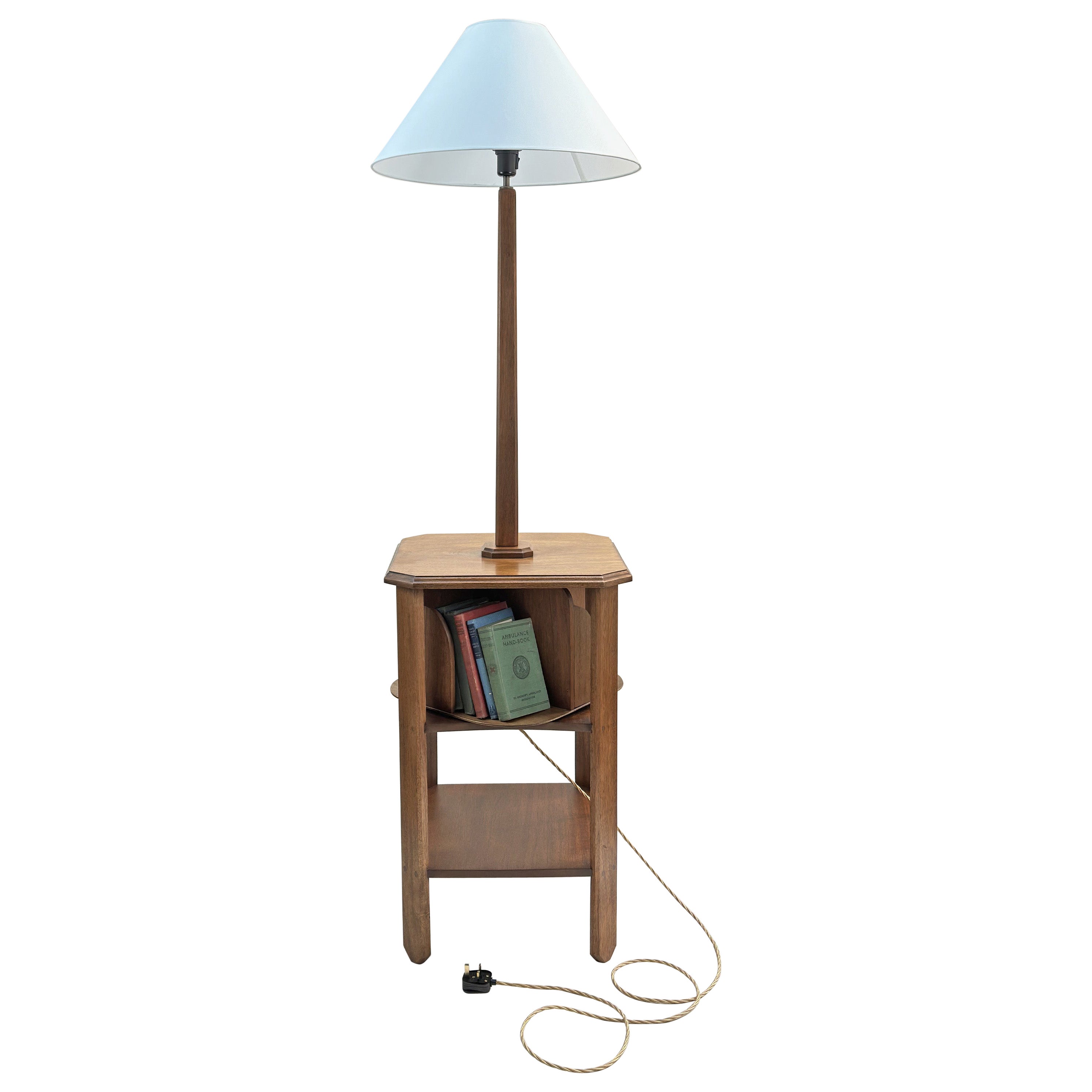 Mid-Century Wooden Side Table with Book Turn and Standard Lamp  For Sale