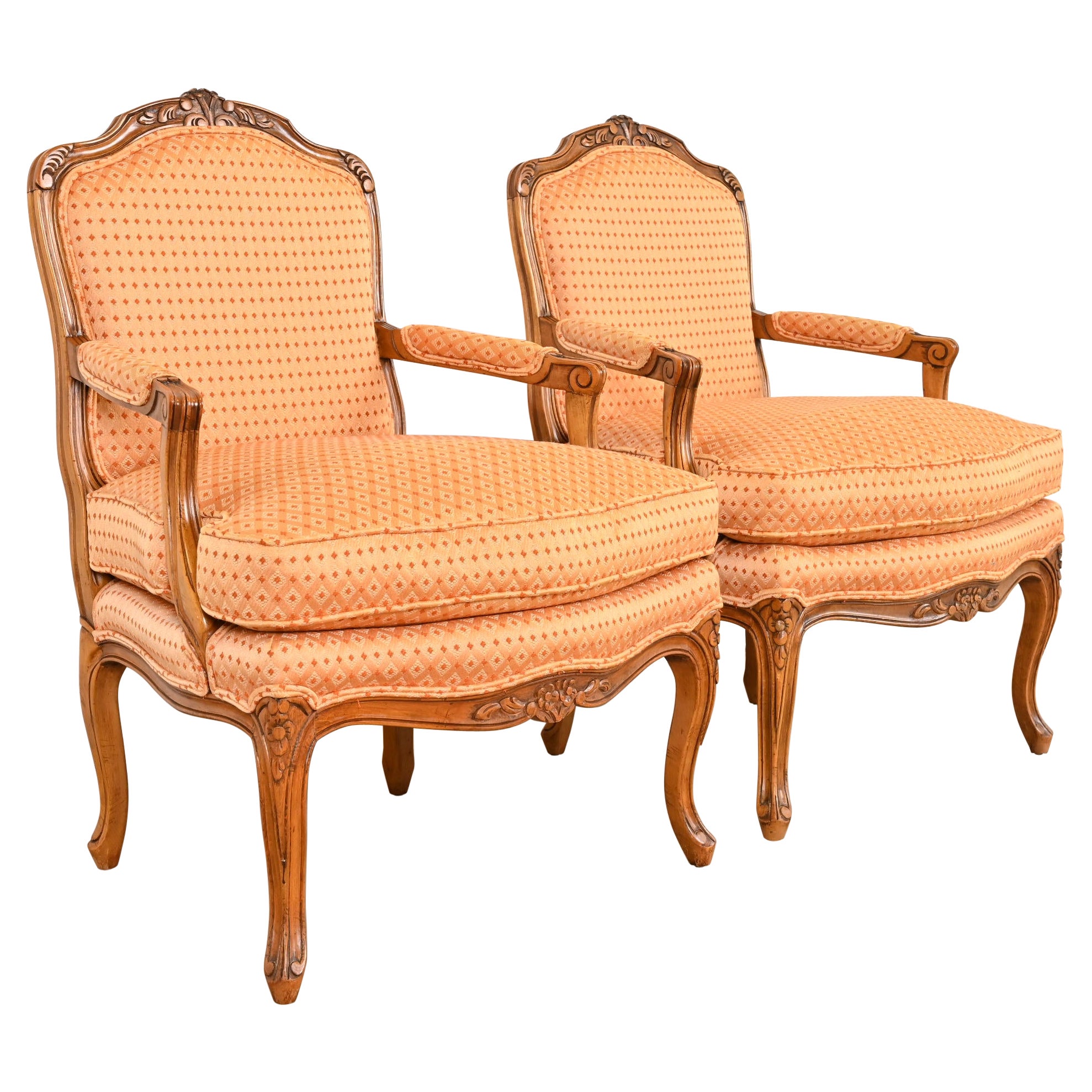 Baker Furniture French Provincial Louis XV Carved Walnut Fauteuils, Pair