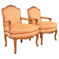 Retro Baker Furniture French Provincial Louis XV Carved Walnut Fauteuils, Pair