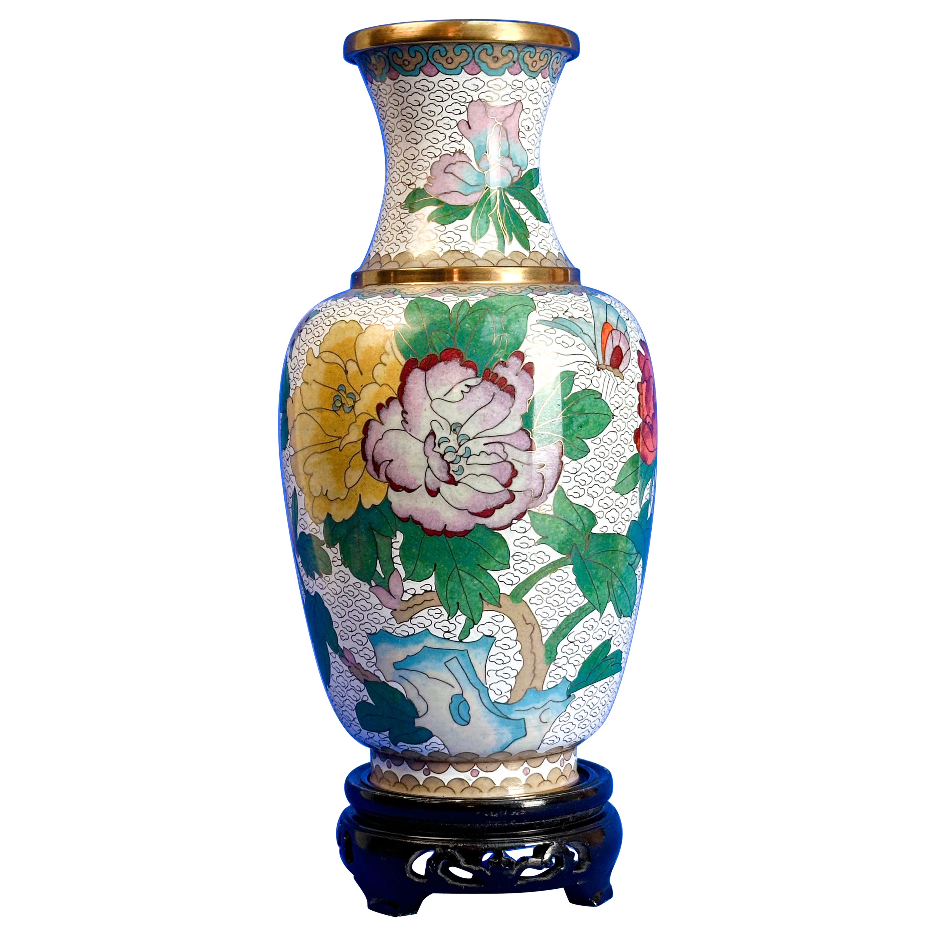 Vase cloisonné en laiton de style Whiting - blanc avec décoration florale 