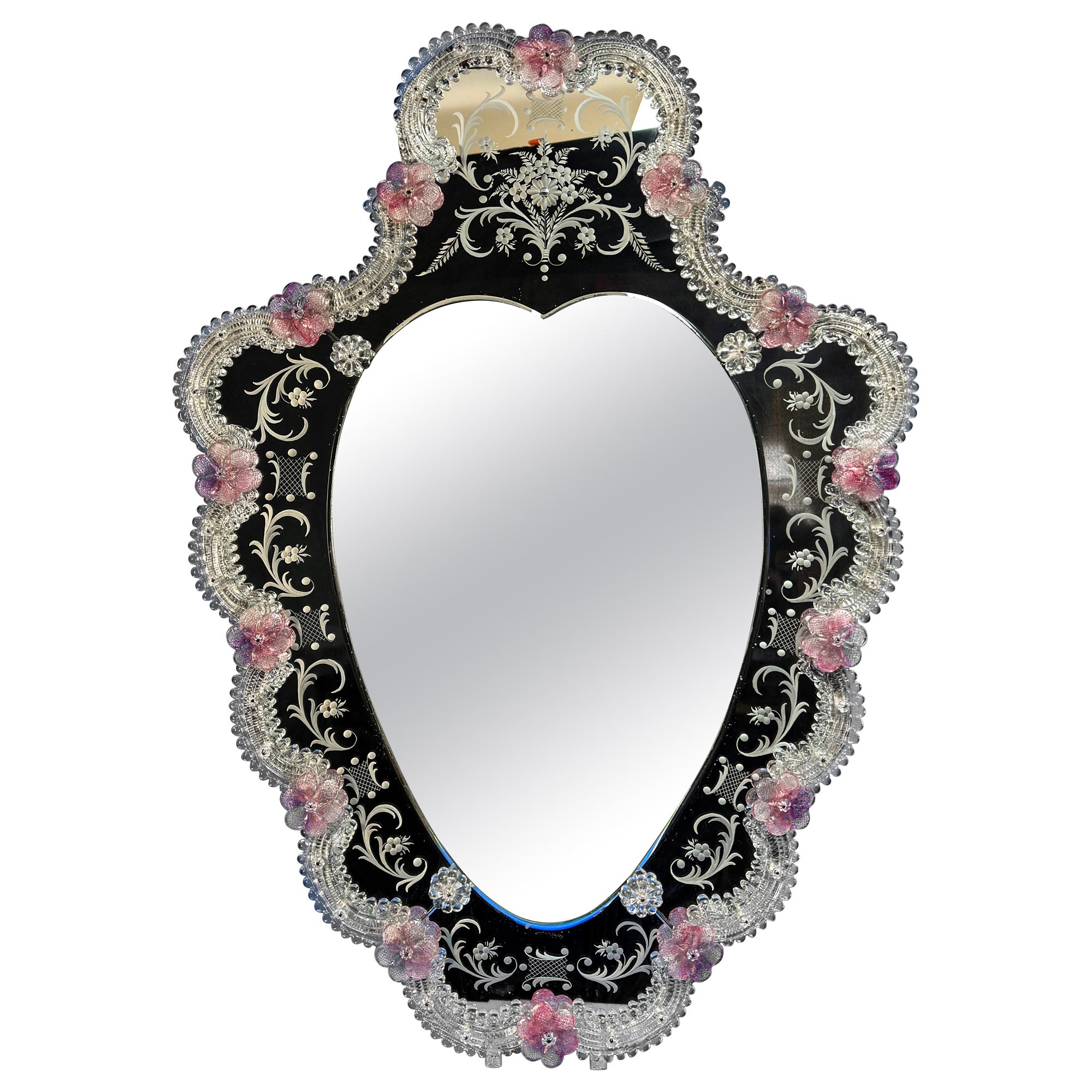 1960s Venetian Mirror, Heart Shaped Frame with Pink Murano Glass Flowers For Sale