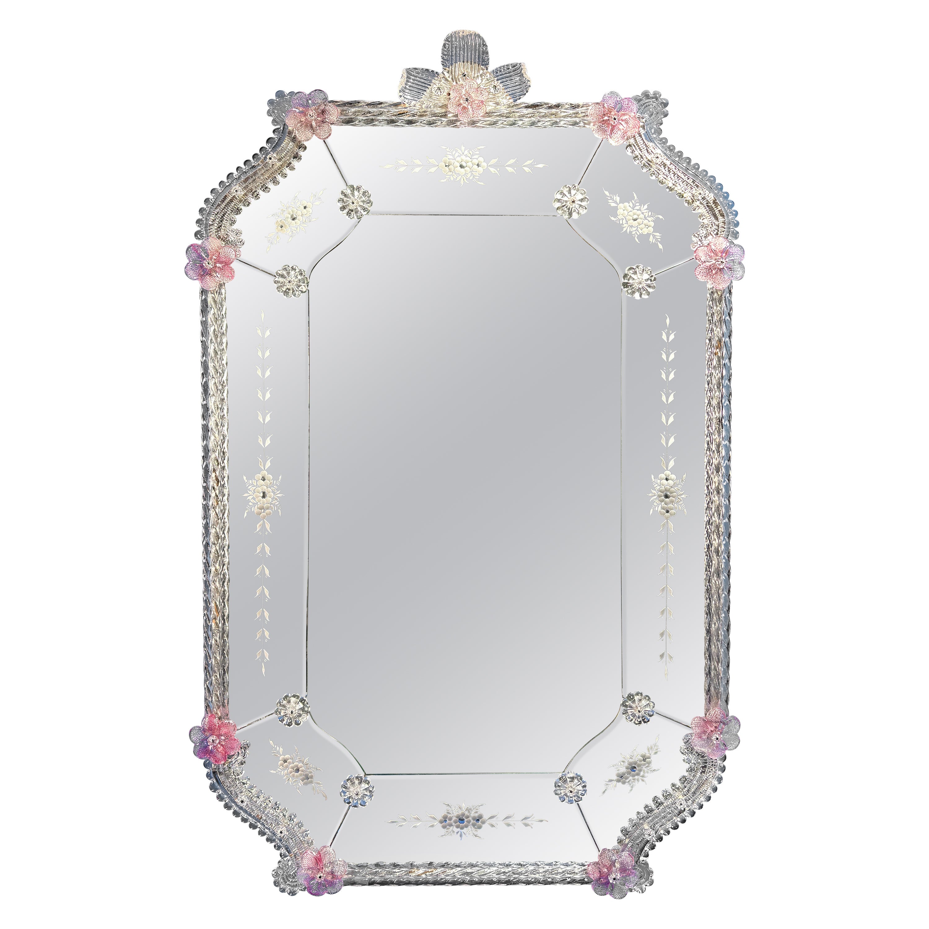 Vintage Venetian Mirror, with Pink Murano Glass Flowers For Sale