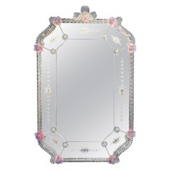 Vintage, Octagonal Venetian Mirror, with Pink Murano Glass Flowers