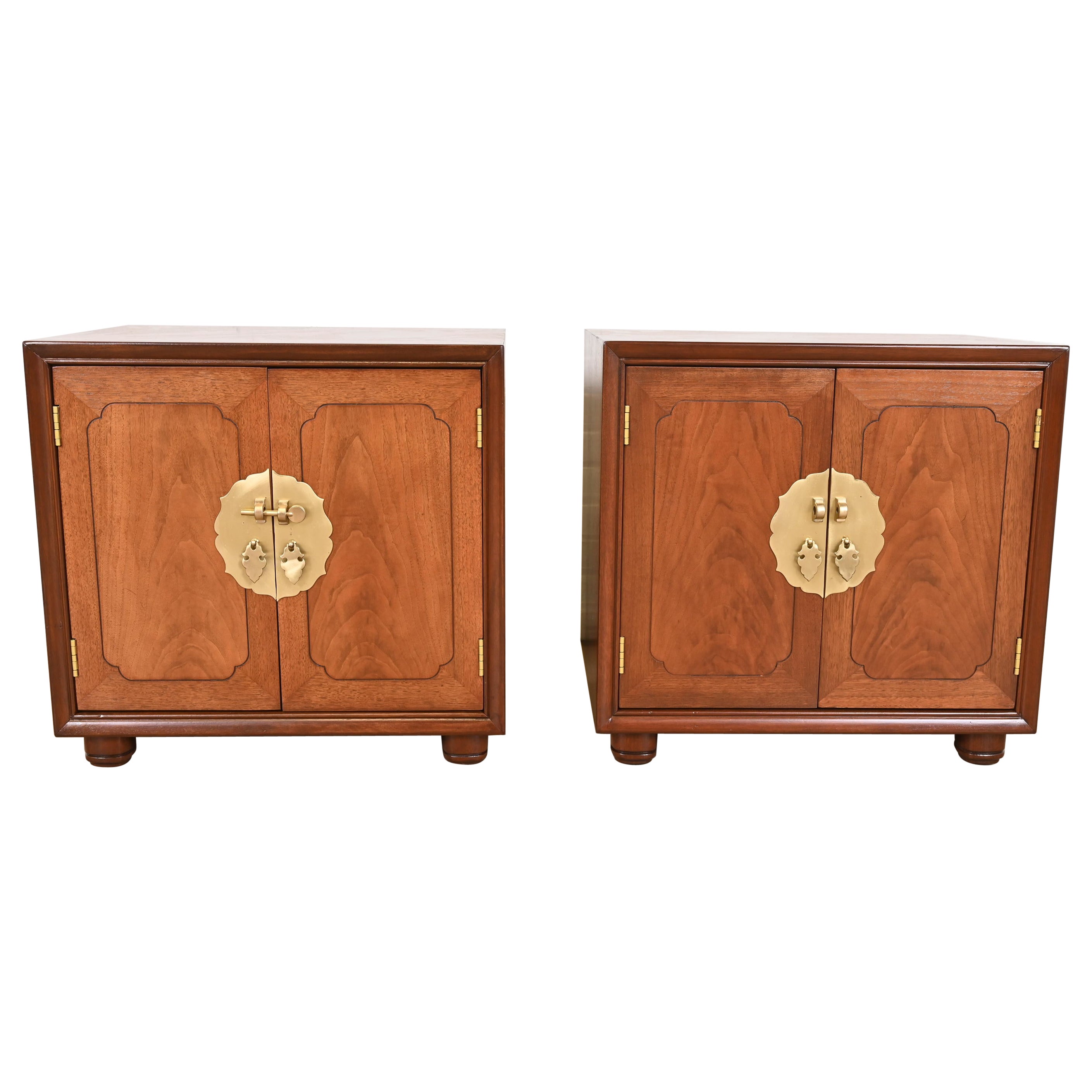 Mid-Century Hollywood Regency Chinoiserie Walnut Bedside Chests, Refinished For Sale