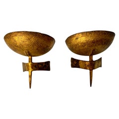 20th Century Pair of Hammered Gilt Iron Wall Sconces Du Plantier Style